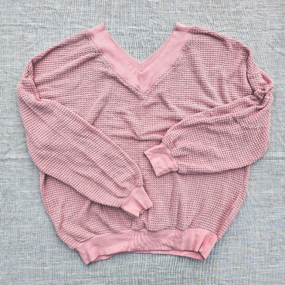 Baby Pink Waffle-Knit V-Neck Slouchy Sweater